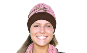 Realtree Womens AP Pink Camo 12" Beanie Knit Cap w/Brown Lining & Cuff, Real Tree All Purpose Pink / Brown