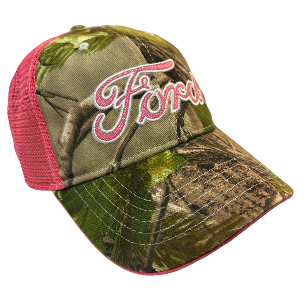 Realtree Ford Pink Lettering Camo Baseball Cap, Pink Mesh Back, Velcro Strap, One Size