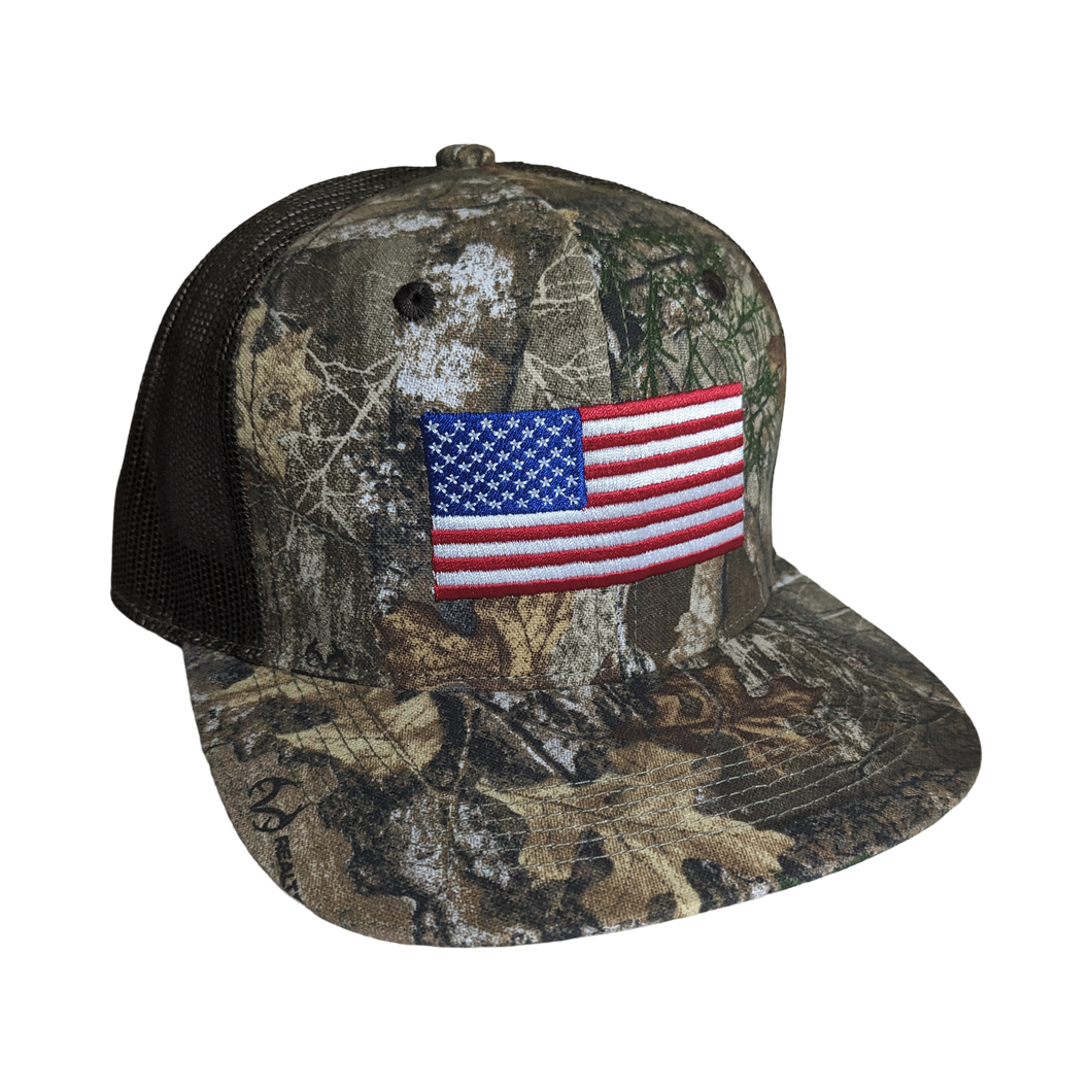 Realtree Camo USA American Flag Patriotic Classic Trucker Hat Cap (RT Edge) High Crown Bendable Visor wear Flat or Curved - Camo Chique & Spa Boutique