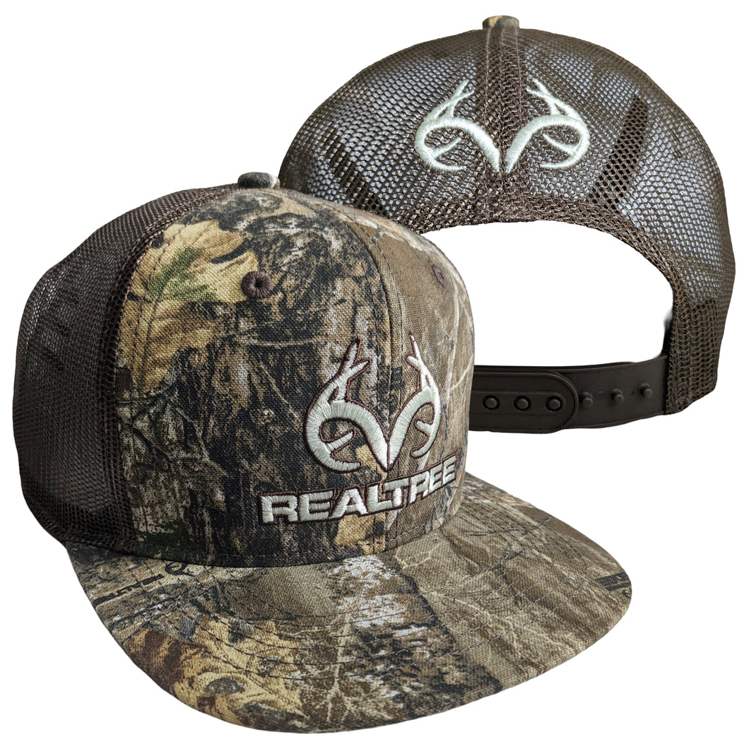 Realtree Logo Camo Mesh Flat Trucker Hat Cap ~ RT Edge ~ High Crown, Snapback, Wicking Sweatband, Bendable Bil Wear Flat or Curved, Camo Hunting Cap Hat - Camo Chique & Spa Boutique