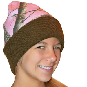 Realtree Womens AP Pink Camo 12" Beanie Knit Cap w/Brown Lining & Cuff, Real Tree All Purpose Pink / Brown