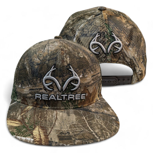 Realtree 3D Antler Logo Flat Camo Mesh High Crown Trucker Cap Hat (RT EDGE) Snapback HIGH CROWN Structured Wicking Sweatband - Camo Chique & Spa Boutique