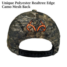 Load image into Gallery viewer, Realtree Edge 3D  Blaze Orange Logo Mid Crown Flat Bill Mesh Camo Trucker Cap Hat Snapback Mid Profile Structured Wicking Sweatband
