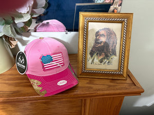 Realtree AP Hot Pink Camo Frayed American Flag Baseball Cap Hat for Women, Ladies Fit, Velcro Back - Camo Chique & Spa Boutique