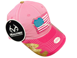 Realtree AP Hot Pink Camo Frayed American Flag Baseball Cap Hat for Women, Ladies Fit, Velcro Back - Camo Chique & Spa Boutique