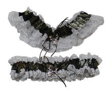 Load image into Gallery viewer, Mossy Oak Camo Garter Set with White Lace and Buck Charm 2PC, Crafted in The USA, Camo Prom Wedding Formal Occassion Garter Set - Camo Chique &amp; Spa Boutique
