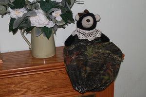 Mossy Oak Black Bear ARTISAN Plush Camo Stuffed Animal Grocery Plastic Bag Dispenser Holder In Mossy Oak Camouflage Dress & Bow - Camo Chique & Spa Boutique