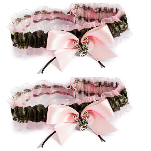 Mossy Oak Break Up Pink & Camo Garter Deer Buck Head Charm Organza Ribbon for Camouflage Camo Prom Wedding Keepsake Toss Garter, Crafted in USA, OSFM S-L - Camo Chique & Spa Boutique