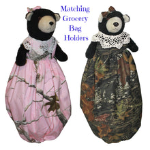 Load image into Gallery viewer, Mossy Oak Realtree Pink Camo Black Bear ARTISAN Plush Grocery Plastic Bag Dispenser Holder, Custom Made in the USA - Camo Chique &amp; Spa Boutique
