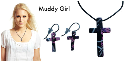 Muddy Girl Stahl Cross Pink Camo EARRING + NECKLACE SET Jewelry Pendant Made in USA - Camo Chique & Spa Boutique