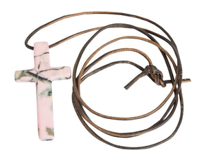 Realtree Pink Camo Steel and Leather Stahl Cross Crucifix Religious Necklace Pendant Jewelry, Made in the USA - Camo Chique & Spa Boutique
